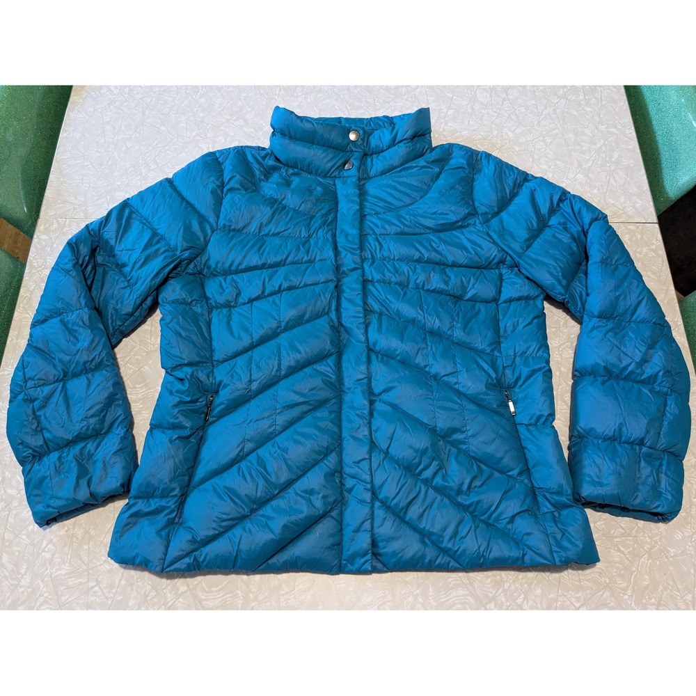 Lands End Womens M Petite Teal Blue Down Puffer Jacket Coat Chevron Quilted